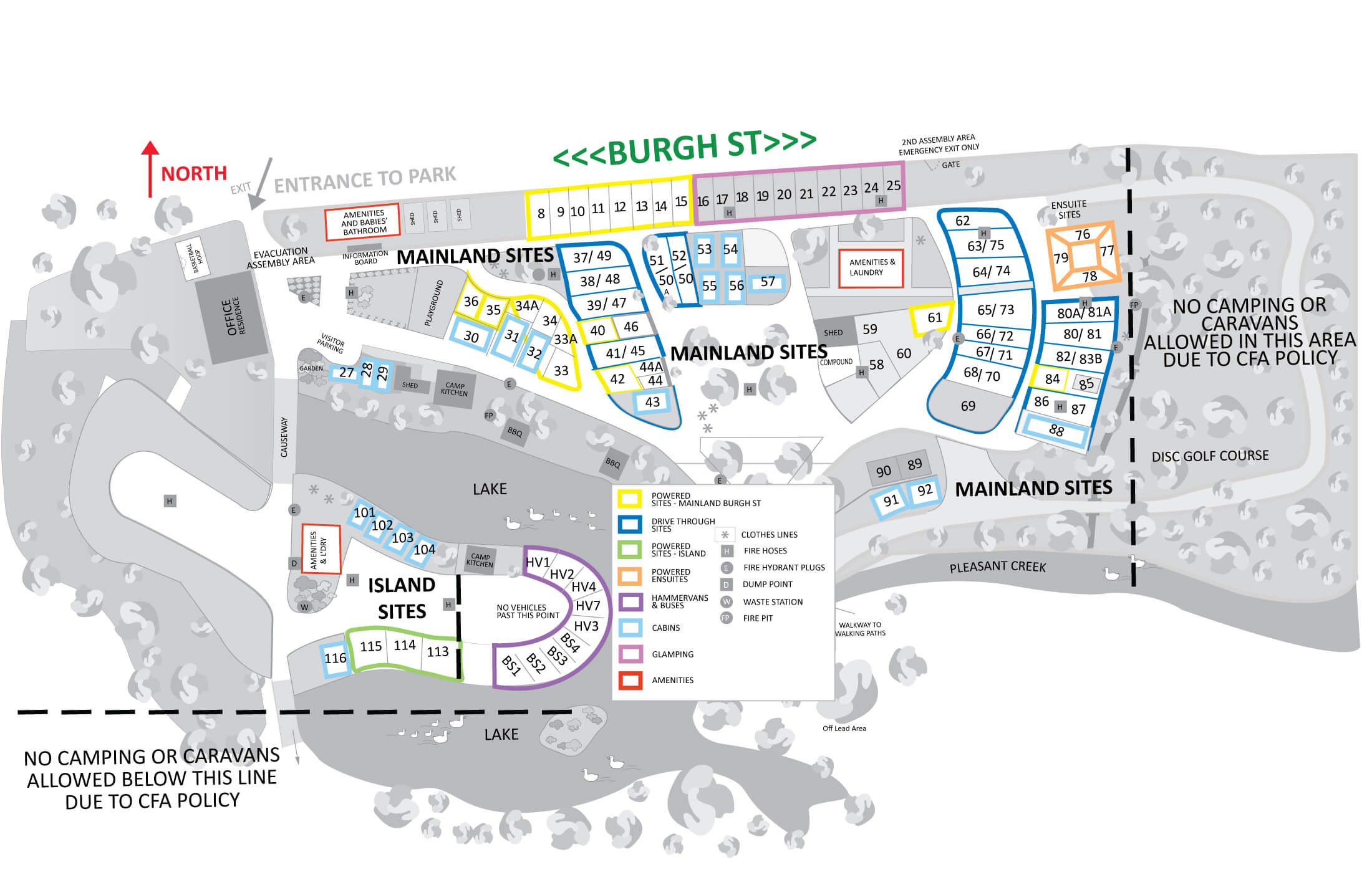 Map of Stawell Grampians Gate Caravan Park showing various camping and accommodation sites divided into Mainland and Island sections, surrounding a central lake. The map highlights powered sites, cabins, glamping areas, and amenities such as BBQ, laundry, and bathroom facilities. The entrance to the park is located off Burgh Street, with different zones labeled for Mainland and Island sites, marked in different colors. The map also indicates paths, vehicle restrictions, fire hoses, and dump points, with walking paths leading to off-lead areas and other park features