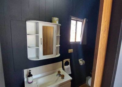 Compact cabin bathroom with white vanity, mirror cabinet, and dark painted walls. One of the Cabins, Dwellings, Caravans, & Glamping Tents at Stawell Grampians Gate C&C Park.