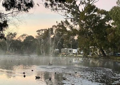 A peaceful sunrise over the pond at Stawell Grampians Gate C&C Park, with ducks gliding through the mist and the fountain catching the morning light.