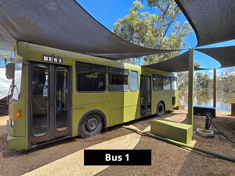 Converted black bus accommodation at Stawell C&C Park, parked lakeside with surrounding native trees.