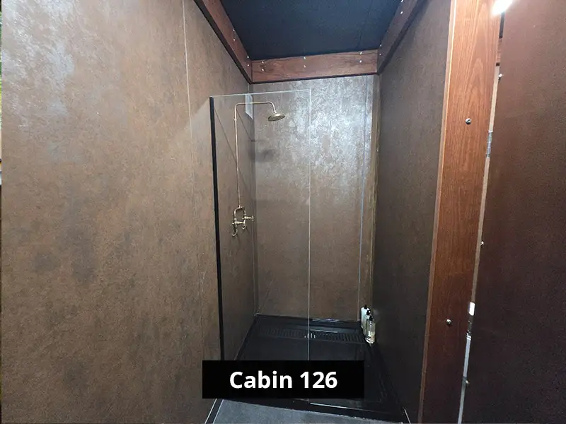 Walk-in glass shower with rainfall showerhead in a modern cabin bathroom with dark flooring and textured walls – Cabin 126